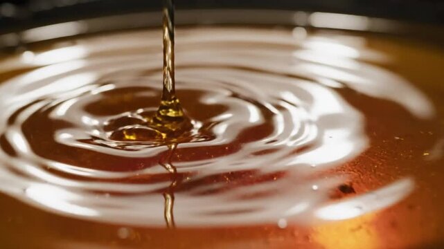 Close-up shot of honey pouring into a pool of amber liquid, creating ripples and reflections