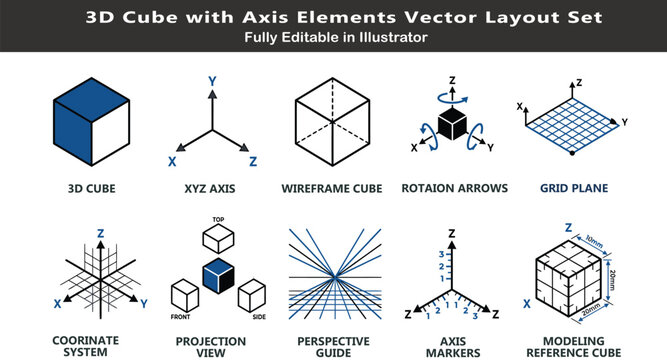 Geometry CAD modeling vector icons set, top view technical symbols, 3D cube, XYZ axis, wireframe, grid, projection, perspective layout