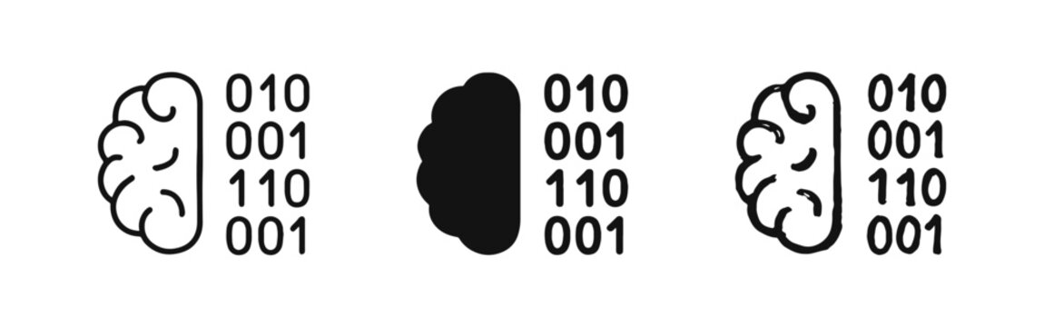 Artificial Intelligence Brain with Binary Code Icons in Three Styles