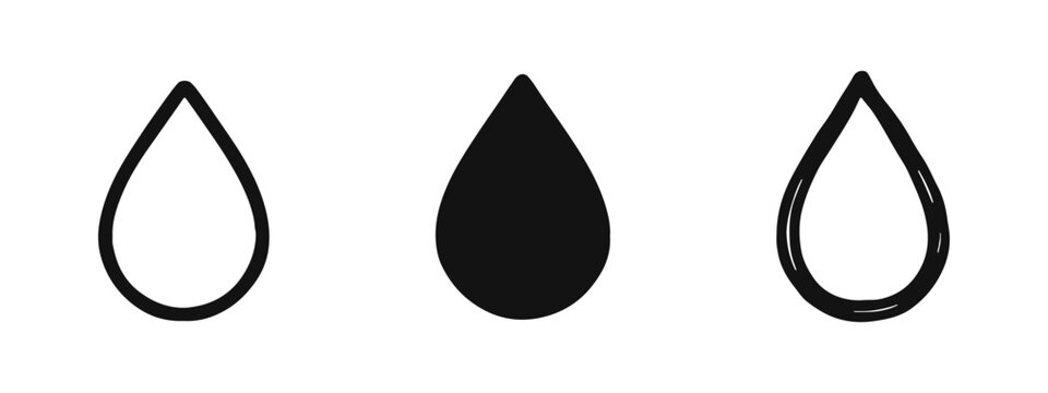 Water Oil Drop Icon Set in Outline, Solid, and Hand-Drawn Styles for Nature and Environment