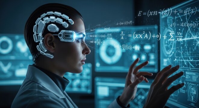 Futuristic scientist interacting with holographic mathematical data screens