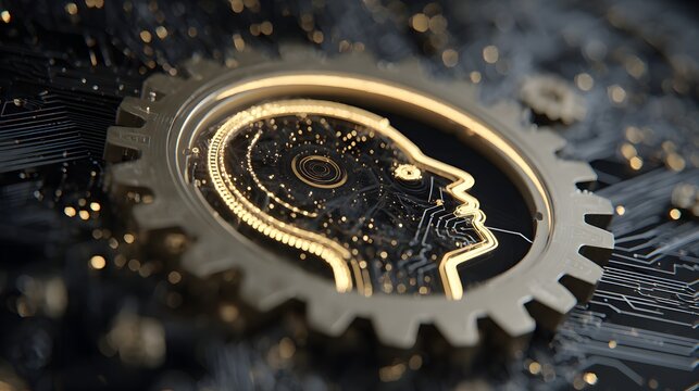 Artificial intelligence concept with glowing human head silhouette inside mechanical gear, symbolizing AI thinking, machine learning, digital brain, automation, innovation, and future technology.