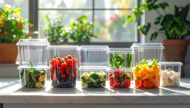 Fresh vegetables and prepped ingredients in clear plastic containers