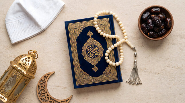 Islamic festive flat lay with Quran, prayer beads, dates, golden lantern and white kufi hat on beige marble background.