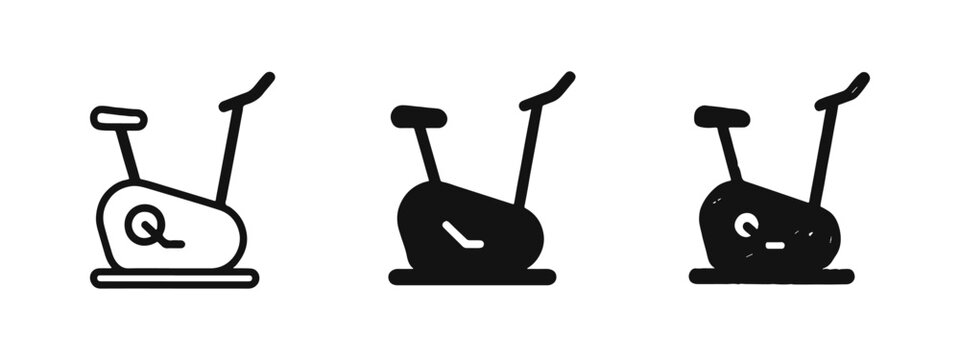 Stationary Exercise Bike Icon Set in Outline, Solid, and Hand-Drawn Styles for Home Gym Fitness