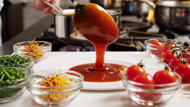 Chef plating a rich tomato sauce with fresh ingredients for a gourmet dish preparation in professional kitchen