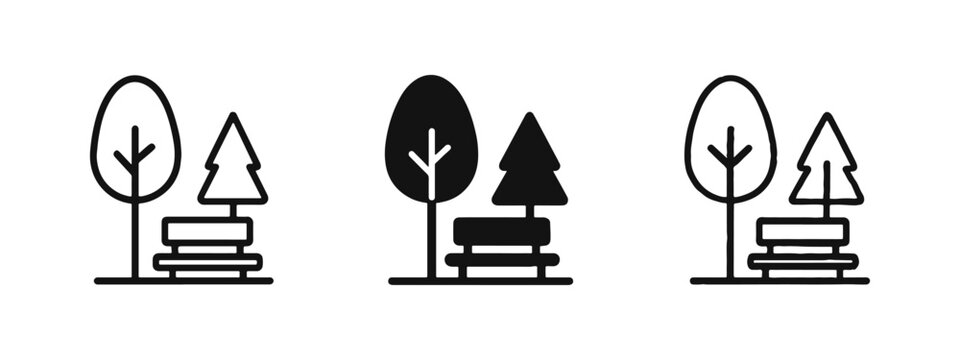 Park Bench and Trees Icon Set in Outline, Solid, and Hand-Drawn Styles for Public Garden Design