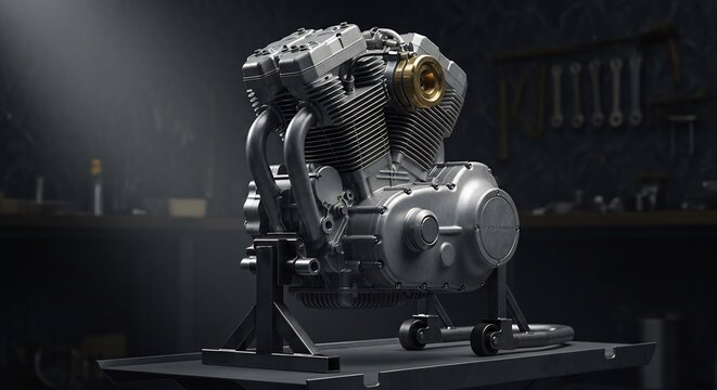 Detailed Motorcycle Engine on Display Stand in Workshop.