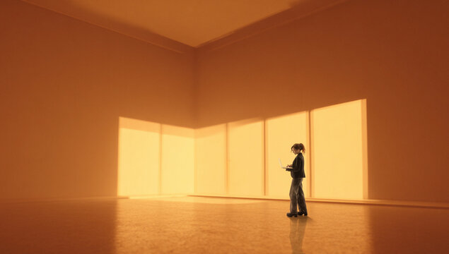 Person using laptop in warm futuristic room with glowing panels. Concept of sci fi digital environments, tech driven workspaces, immersive future interiors, and next generation remote workflow spaces.
