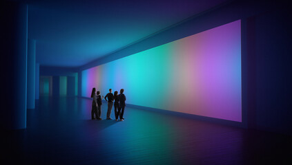 People observing large colorful digital wall in dark futuristic room. Concept of AI enhanced...