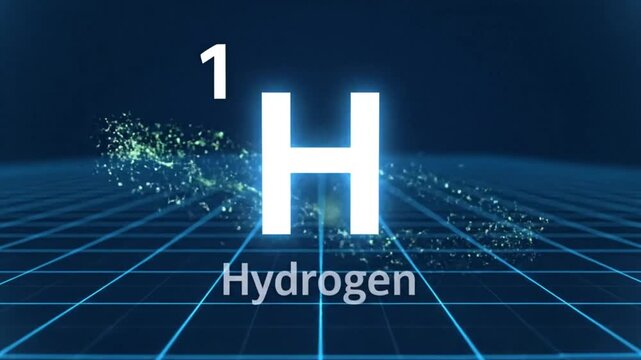 Hydrogen atom model with its elemental symbol and atomic number in a futuristic digital environment