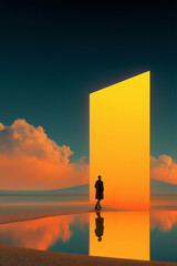 Person walking toward glowing rectangular portal in surreal desert landscape. Concept of sci fi...