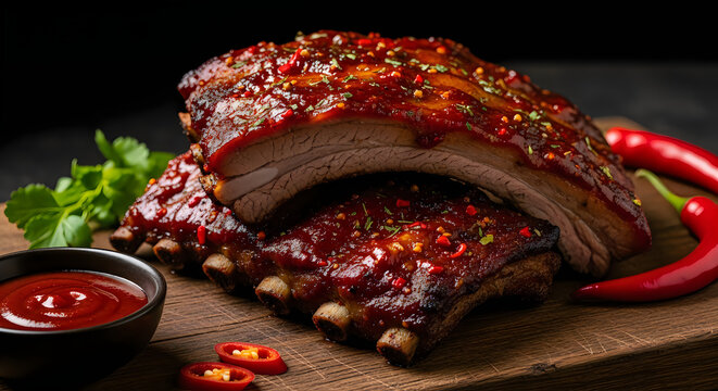 Fiery roasted pig with vibrant chili coating and accompaniments