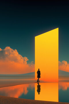 Person walking toward glowing rectangular portal in surreal desert landscape. Concept of sci fi environments, digital transition spaces, immersive future journeys, and exploration of unknown realities