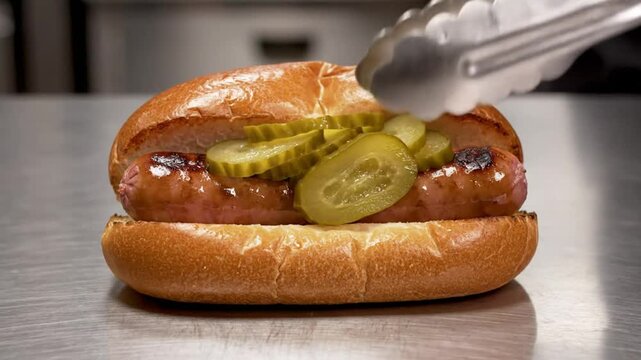 Close-up shot of grilled sausage in a bun topped with pickle slices being prepared on a stainless steel surface