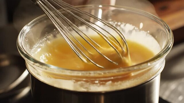 Whisking a rich, creamy sauce in a double boiler until smooth and thick in preparation for cooking
