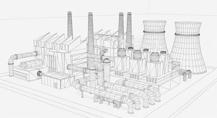 Industrial Power Plant Facility with Cooling Towers and Smokestacks. © yanto