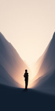 Woman standing in glowing valley of light between abstract mountains. Concept of emotional clarity, mindfulness balance, and navigating complex digital or personal environments toward purpose.