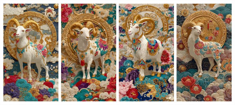 Four elegant goat portraits featuring intricate gold details and vibrant floral patterns in a traditional style