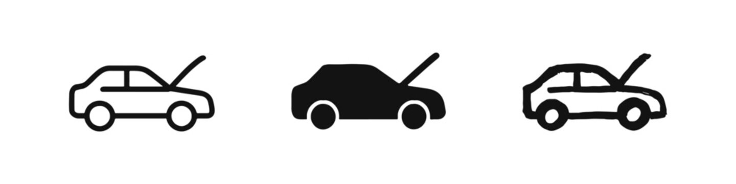 Car with Open Hood Icons Set - Vehicle Breakdown and Maintenance Symbol