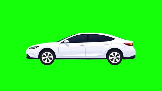 White Sedan Car Side View Loop Animation on Green Screen HD
