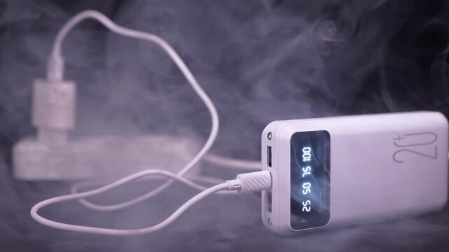 A white portable power bank emits thick smoke while charging next to an adapter on a dark surface. Concept of electrical fire hazards, overheating lithium batteries, and dangerous home accidents