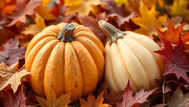 cornucopia. Autumn squash and colorful leaves in seasonal harvest still life. representing seasonal cycles and harvest abundance.