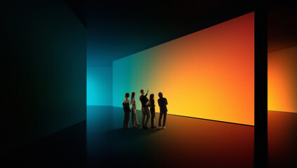 Group exploring colorful immersive digital installation space with glowing gradient walls. Concept of tech art spaces, collaborative exploration, immersive environments and futuristic visuals.