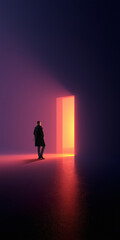 Naklejka premium Man standing near glowing portal doorway in dark futuristic minimal space. Concept of transition, opportunity, digital gateway, future environments and personal journey into unknown tech driven worlds