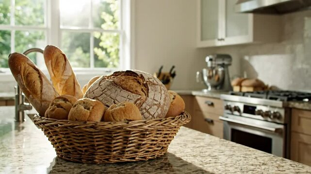 Basket of fresh artisan breads, including baguettes and round loaf, sits on kitchen countertop near window.