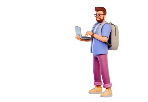 3D stylized bearded cartoon man in casual clothes with backpack standing and using laptop