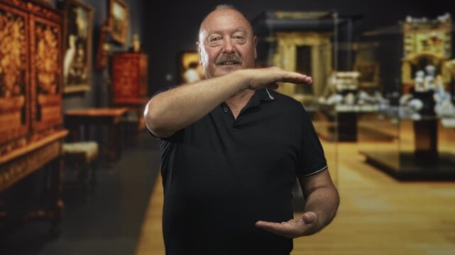 Man showing hands in a horizontal measuring gesture in a museum gallery, wearing black polo and gesturing between displays; contemplation quiet observation.