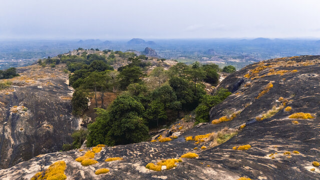 Aerial view of dark, lichen-covered rocks contrast with patches of vibrant green foliage, painting a textured landscape under a hazy sky, Oyo, Oyo, Nigeria.