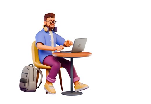 3D stylized character of a bearded man sitting at a cafe table and using a laptop for work and study