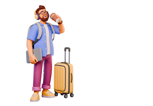 3D stylized character of a tourist stands next to luggage holding laptop and drinking coffee