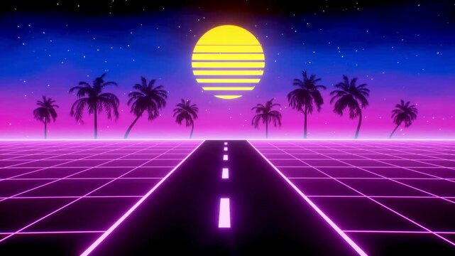 Retro Sunset Drive on a Grid Road with Palm Trees and Mountains