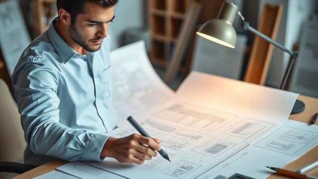 blueprint. An architect meticulously reviews blueprint sketches at a minimalist drafting table under warm lighting. real-estate listings.