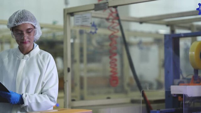 A focused female quality inspector in a sanitized lab coat and safety glasses recording data while auditing an automated production line in a modern manufacturing facility.