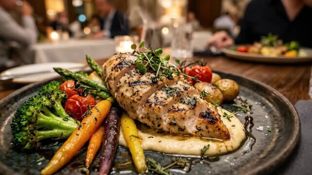 A gourmet plate of broccoli, mixed vegetables and savory grilled chicken, refined plating, rich color balance and appetizing textures, warm elegant light and a premium dining atmosphere,