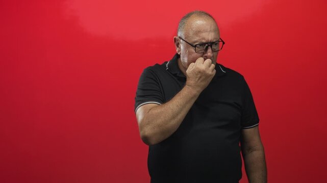 Man pinches nose with hand in studio against red wall wearing black polo and glasses; disgust aversion.