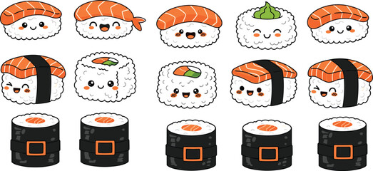 Cute Kawaii Cartoon Sushi Collection Set with Salmon Nigiri Maki Roll Rice and Happy Face Japanese Food Characters © MdJillur