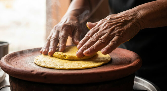 Elderly Indigenous Woman's Hands Pressing Fresh Corn Masa Tortillas on Hot Clay Comal in Traditional Mexican Kitchen