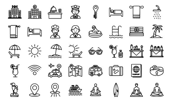 Resort Hotel Vacation Outline Icon Set Black Line Travel and Beach Service Symbols Vector