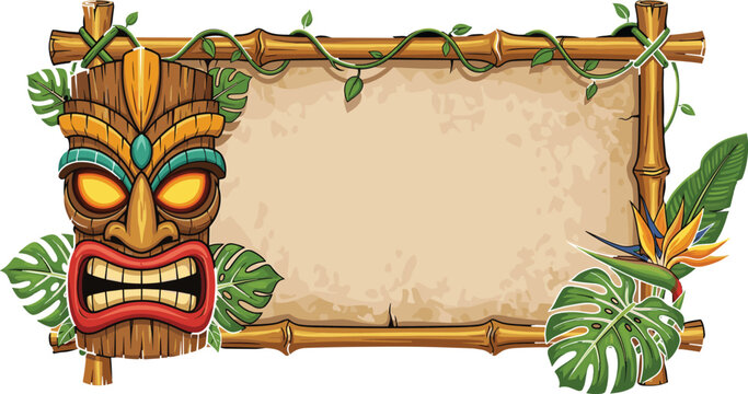 Hawaiian Tiki Mask Bamboo Frame Banner with Tropical Monstera Leaf Vine and Exotic Flower Decoration Illustration