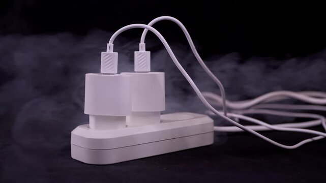 Two white USB chargers plugged into a power strip emit thick smoke due to a severe short circuit. Concept of electrical fire hazards, overheating appliances, and household safety risks.