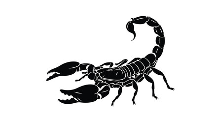 A striking black and white illustration depicts a detailed scorpion with its tail arched and claws extended © Pvect02