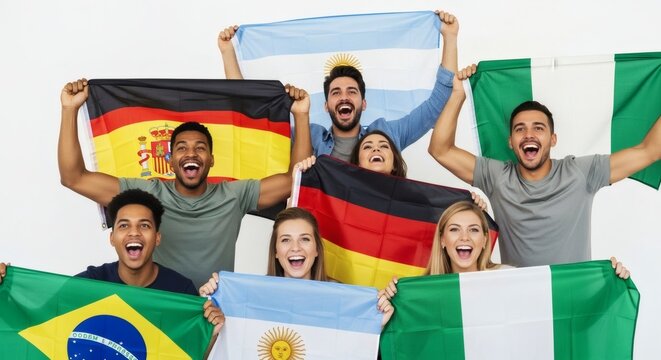 Diverse group of individuals from around the world joyfully waving national flags. A celebration of international camaraderie.