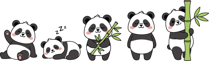 Cute cartoon panda vector illustration featuring playful poses, bamboo elements, sleeping character, waving gesture, and friendly expressions © MdJillur