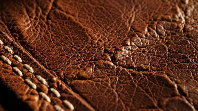 Close-up of brown leather with stitching, natural rough texture