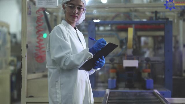 A focused female quality inspector in a sanitized lab coat and safety glasses recording data while auditing an automated production line in a modern manufacturing facility.